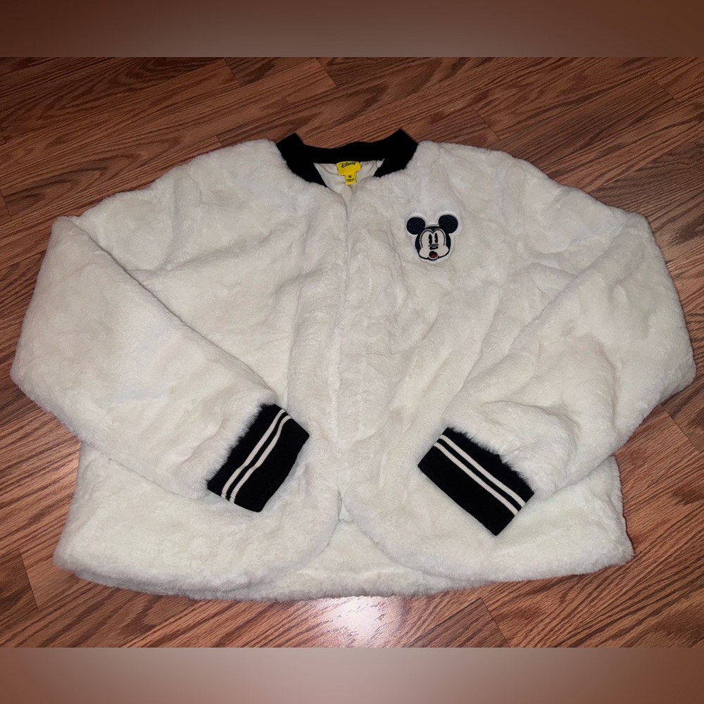 Disney White and Black Mickey Mouse Faux Fur Jacket Medium